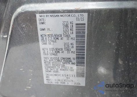 2015 Nissan Pathfinder Sl from USA, damaged, VIN 5N1AR2MM3FC654531
